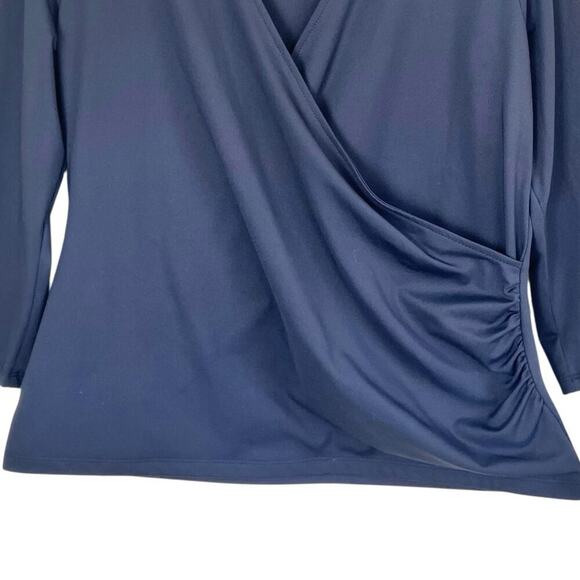 Ann Taylor Sz L Black Refined Stretch Wrap Top 3/4 Sleeve Fitted Feminine Office - Picture 4 of 16